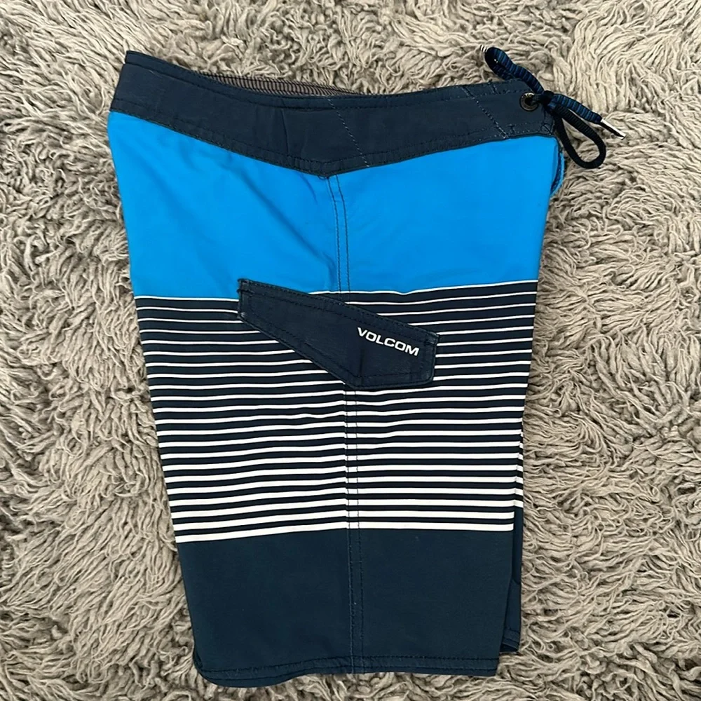 Volcom Boys Blue and Navy Striped Swim Trunks